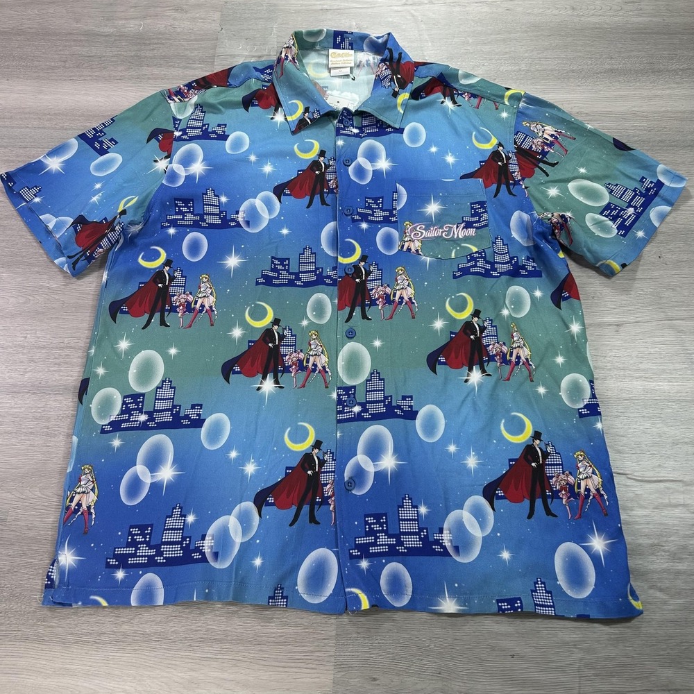 NEW Sailor Moon Shirt Mens Medium Blue Button Up Short Sleeve BoxLunch Exclusive